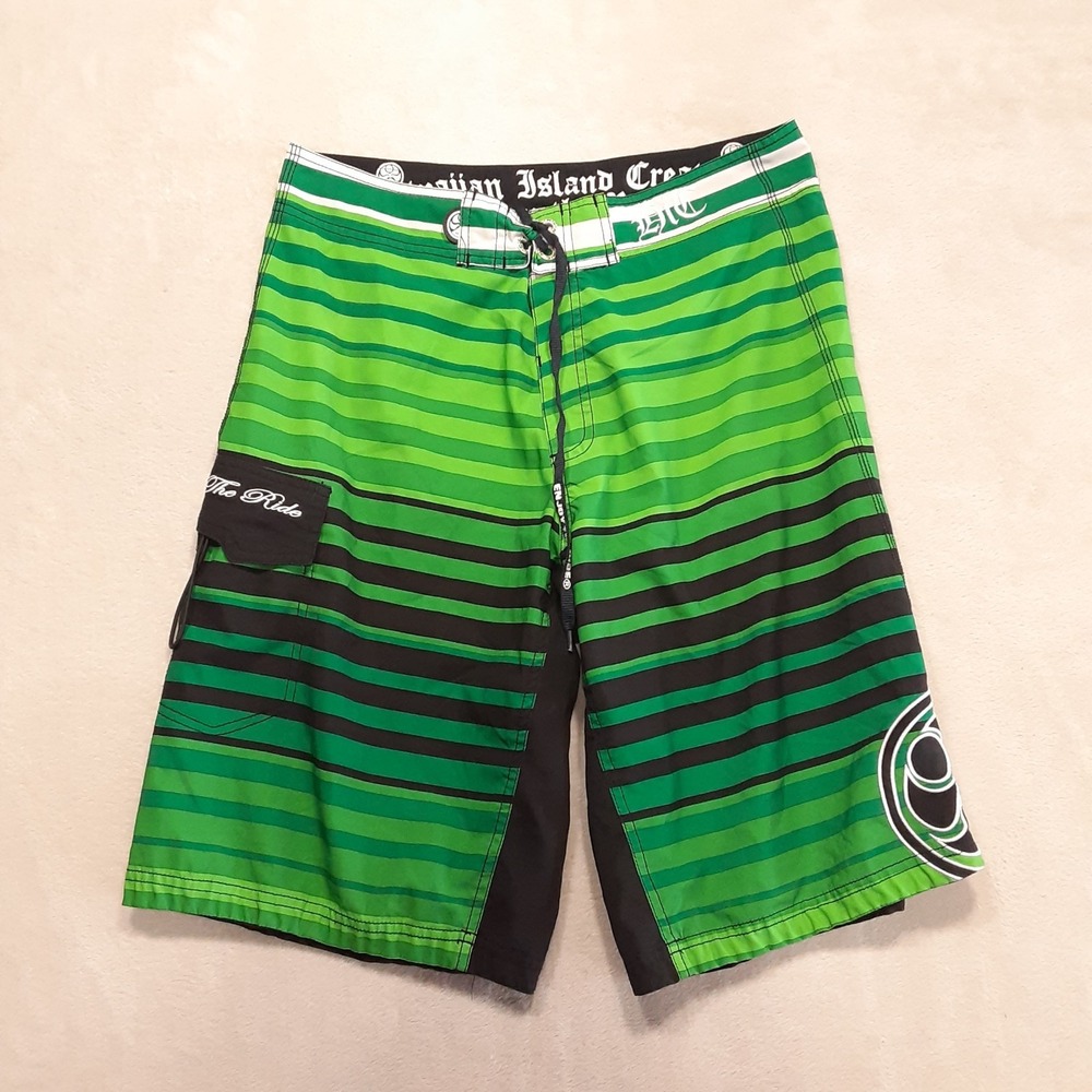 Hawaiian Island Creations Mens Boardshorts 32 Green Striped Enjoy The Ride